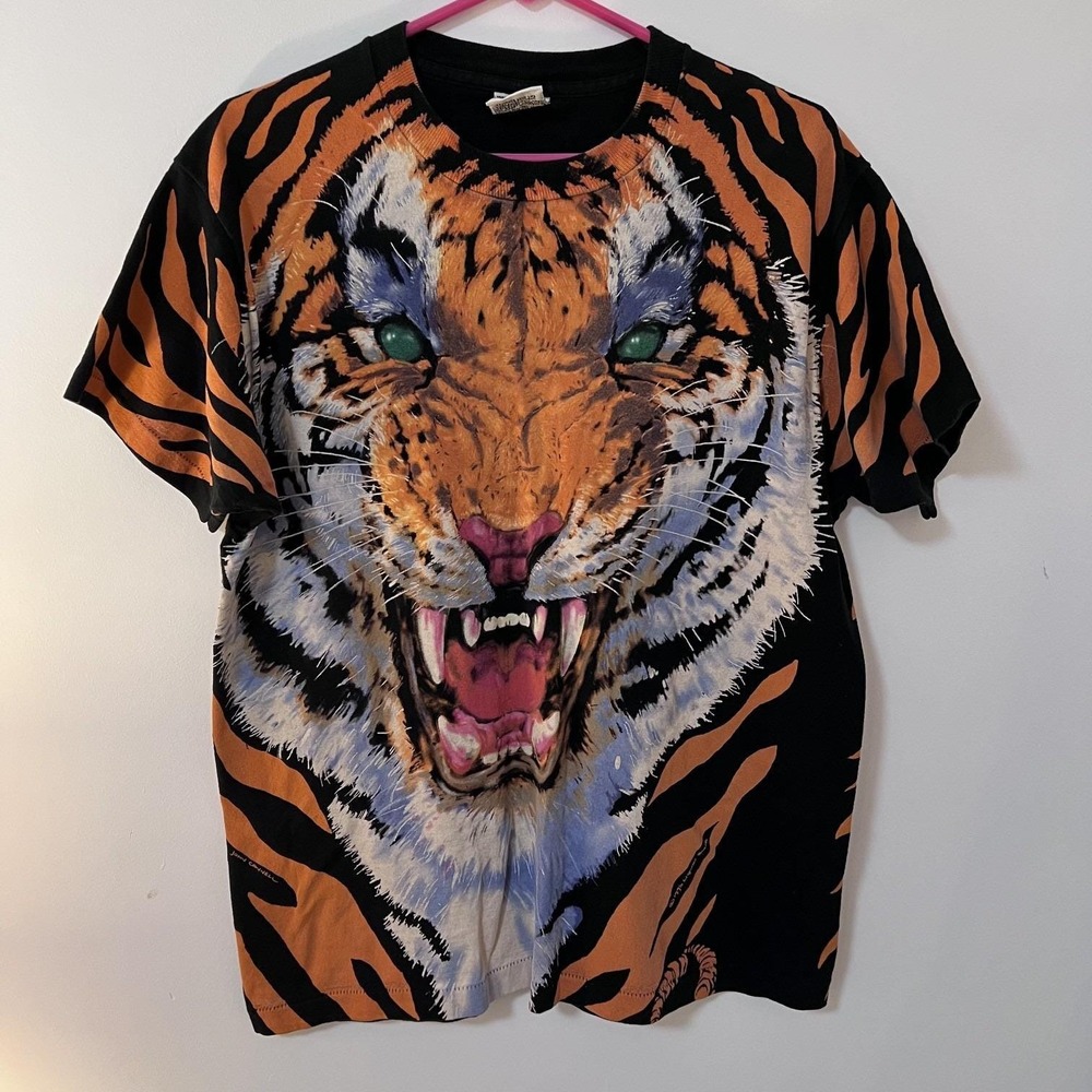Vintage 1995 Liquid Blue Roaring Tiger All Over Print T-Shirt Men's L Made in US